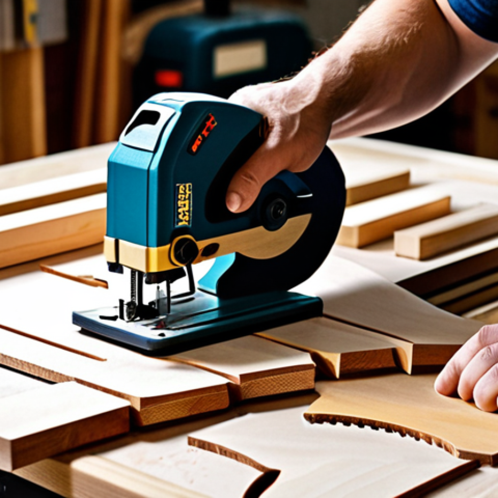 A skilled artisan, fully clothed in modest, practical work attire, meticulously cuts a wooden puzzle piece using an electric scroll saw in a brightly lit, organized woodworking studio. Scattered wooden puzzle pieces and a blueprint of the puzzle design are visible on a sturdy workbench. The artisan's hands are well-formed with proper finger count, demonstrating focused concentration. The scene captures a natural pose, perfect anatomy, and correct proportions. The image is safe for work, appropriate content, and professional quality.