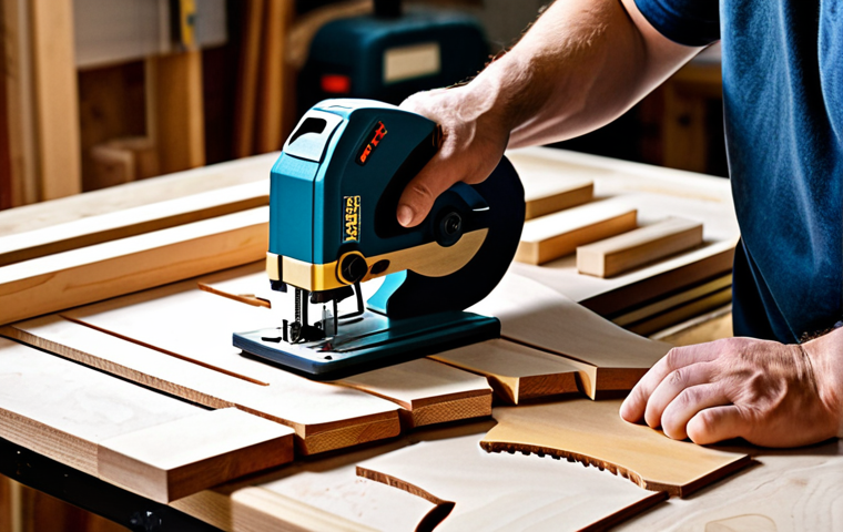 A skilled artisan, fully clothed in modest, practical work attire, meticulously cuts a wooden puzzle piece using an electric scroll saw in a brightly lit, organized woodworking studio. Scattered wooden puzzle pieces and a blueprint of the puzzle design are visible on a sturdy workbench. The artisan's hands are well-formed with proper finger count, demonstrating focused concentration. The scene captures a natural pose, perfect anatomy, and correct proportions. The image is safe for work, appropriate content, and professional quality.