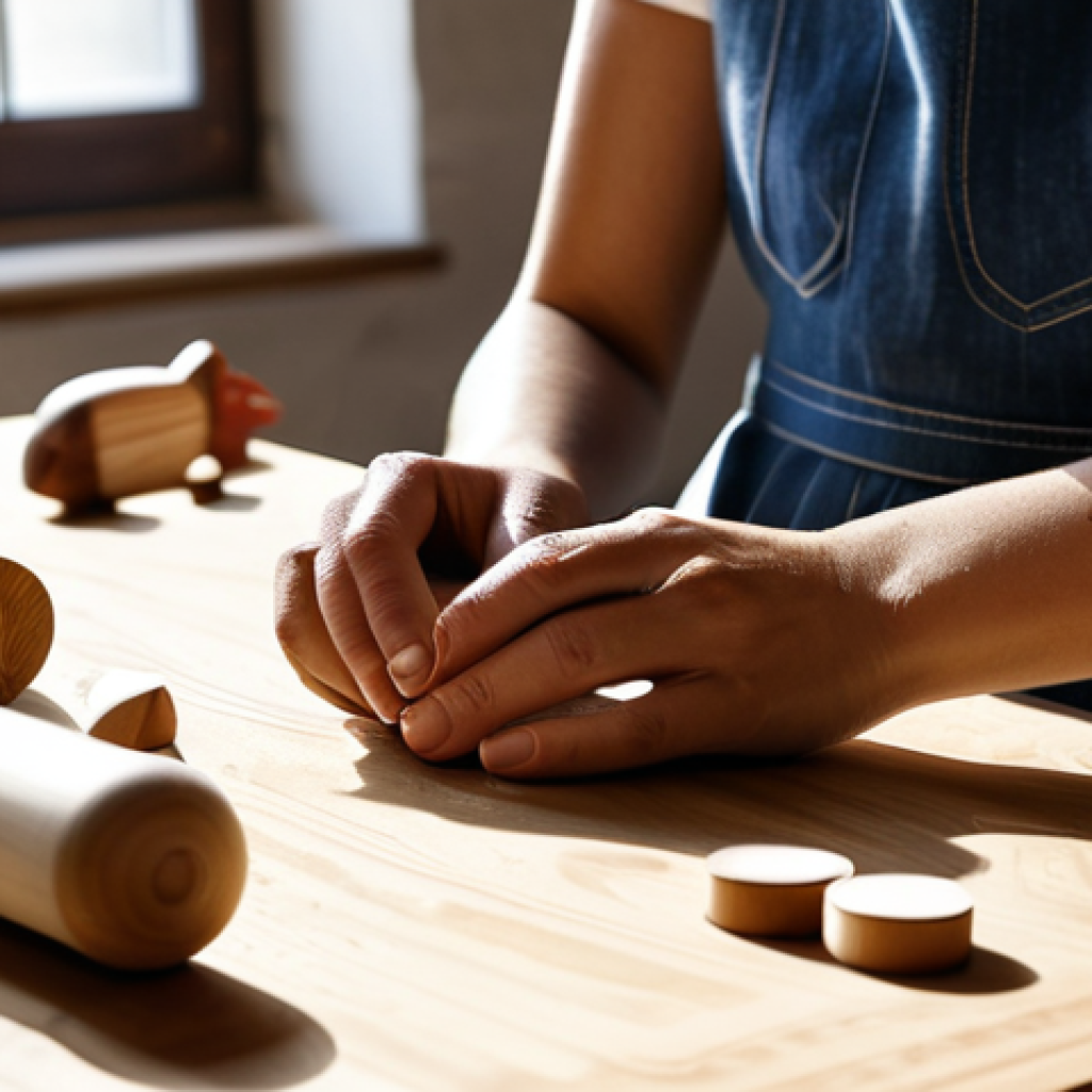 A professional female artisan in modest, comfortable clothing, meticulously crafting a wooden toy in a sunlit, organized workshop. Her hands are visible, carefully carving details onto the smooth wood surface. Sustainable materials like natural wood and organic cotton fabrics are arranged on a workbench in the background, conveying dedication and craftsmanship. fully clothed, appropriate attire, safe for work, professional, perfect anatomy, correct proportions, natural pose, well-formed hands, proper finger count, natural body proportions, professional photography, high quality.
