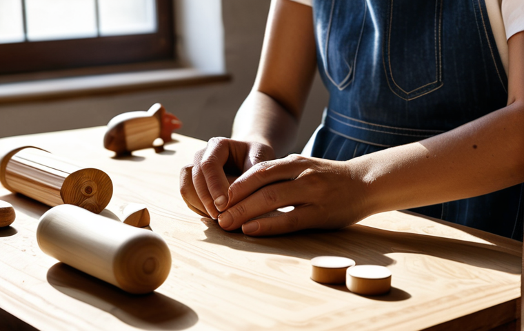 A professional female artisan in modest, comfortable clothing, meticulously crafting a wooden toy in a sunlit, organized workshop. Her hands are visible, carefully carving details onto the smooth wood surface. Sustainable materials like natural wood and organic cotton fabrics are arranged on a workbench in the background, conveying dedication and craftsmanship. fully clothed, appropriate attire, safe for work, professional, perfect anatomy, correct proportions, natural pose, well-formed hands, proper finger count, natural body proportions, professional photography, high quality.