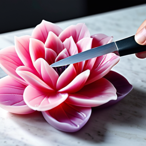 Home 25 Crafting a Soap Flower - Close-up on Detail**
"A close-up photograph showcasing a skilled artisan meticulously crafting a soap flower. Focus on well-formed hands delicately shaping a petal with a specialized carving knife. The soap is a vibrant, transparent glycerin base with a swirl of pastel pink and a hint of lavender fragrance. Soft, diffused lighting highlights the detail and texture of the soap. Background is a clean, bright workspace with various sculpting tools neatly arranged. Perfect anatomy, correct proportions, safe for work, appropriate content, fully clothed, professional. High resolution, macro photography, studio setting."
**