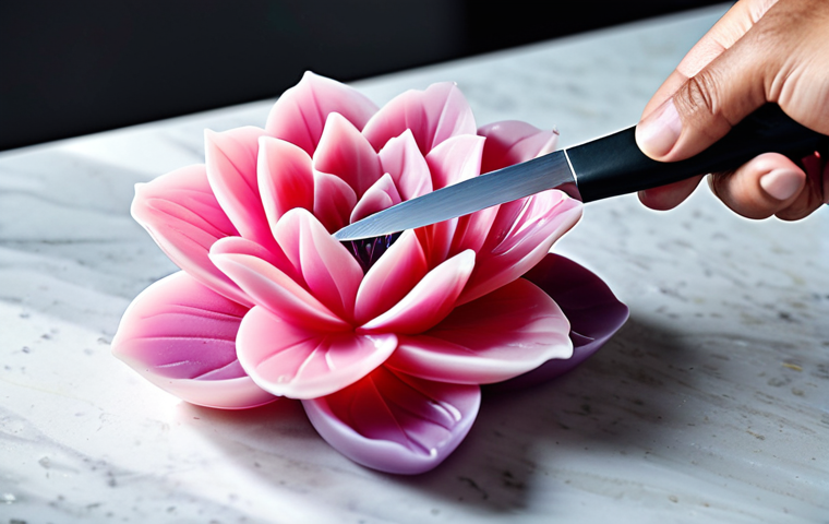 Crafting a Soap Flower - Close-up on Detail**

"A close-up photograph showcasing a skilled artisan meticulously crafting a soap flower. Focus on well-formed hands delicately shaping a petal with a specialized carving knife. The soap is a vibrant, transparent glycerin base with a swirl of pastel pink and a hint of lavender fragrance. Soft, diffused lighting highlights the detail and texture of the soap. Background is a clean, bright workspace with various sculpting tools neatly arranged. Perfect anatomy, correct proportions, safe for work, appropriate content, fully clothed, professional. High resolution, macro photography, studio setting."

**