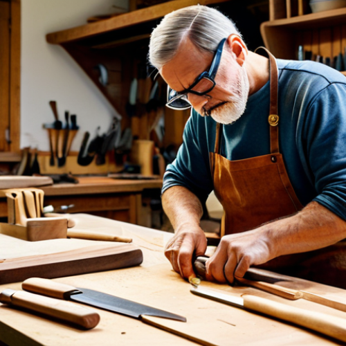 Home 23 **
"A well-lit woodworking workshop. A craftsman, wearing safety glasses and an apron, is carefully carving a wooden spoon with a curved gouge. Various woodworking tools – chisels, mallets, saws – are neatly arranged on a workbench in the background. Focus on the craftsman's hands and the intricate details of the carving. Safe for work, appropriate content, fully clothed, professional setting, perfect anatomy, natural proportions, family-friendly."
**