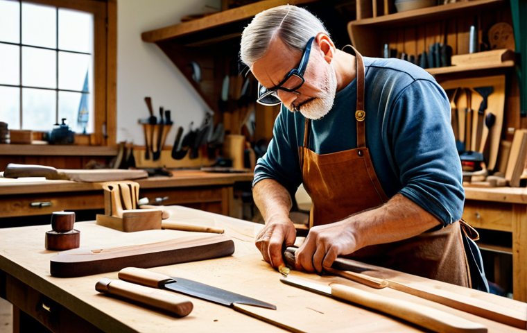**

"A well-lit woodworking workshop. A craftsman, wearing safety glasses and an apron, is carefully carving a wooden spoon with a curved gouge. Various woodworking tools – chisels, mallets, saws – are neatly arranged on a workbench in the background. Focus on the craftsman's hands and the intricate details of the carving. Safe for work, appropriate content, fully clothed, professional setting, perfect anatomy, natural proportions, family-friendly."

**