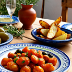 수공예 접시 디자인 - Rustic Mediterranean Table Setting**

A close-up of a rustic wooden table set for a casual Mediterra...