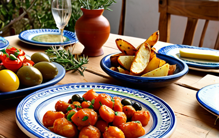 수공예 접시 디자인 - Rustic Mediterranean Table Setting**
A close-up of a rustic wooden table set for a casual Mediterra...