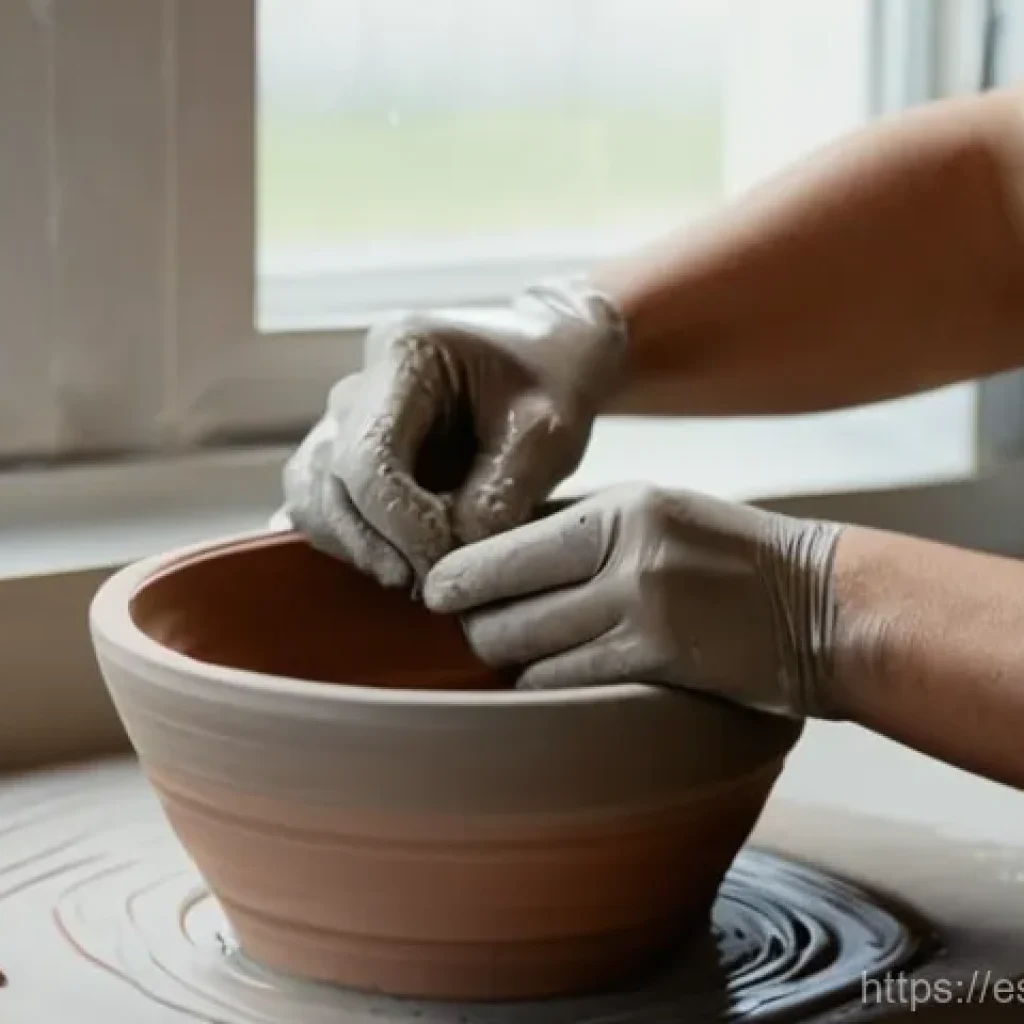 수공예 원데이 클래스 - **Ceramics Workshop: Hands Shaping Clay**
    "A close-up, high-definition photograph of an adult wo...