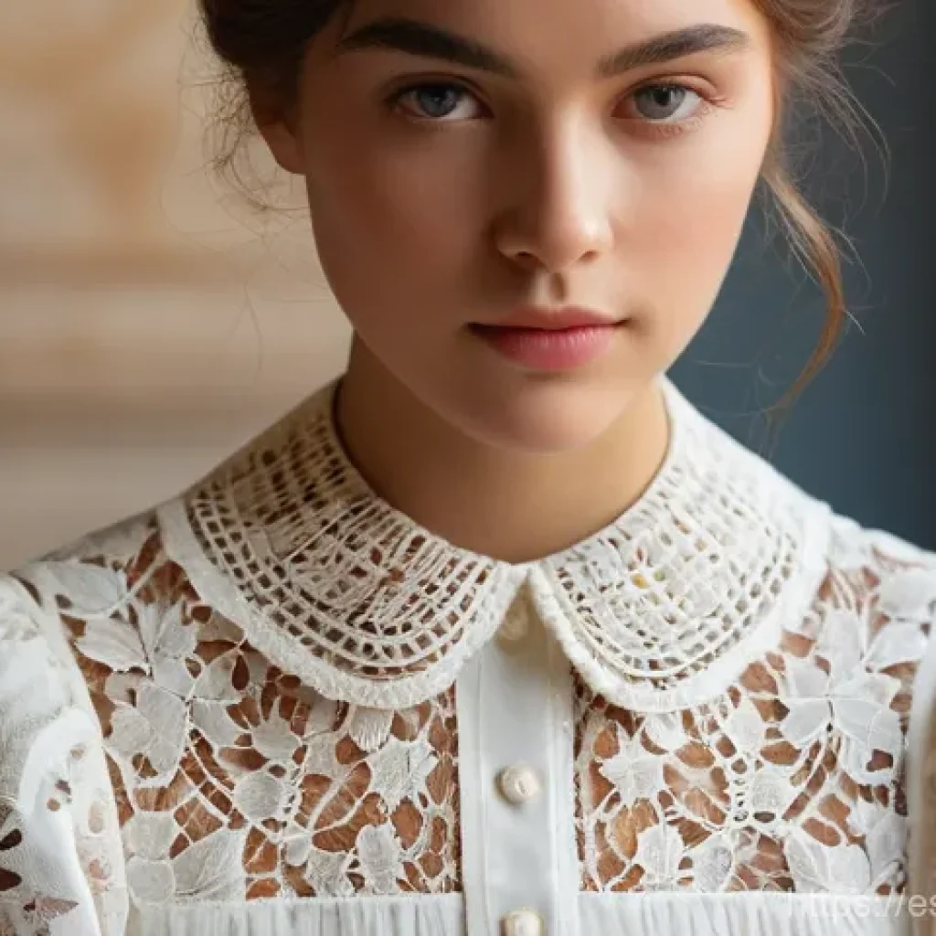 수공예 레이스 디자인 - **Lace Heritage and Contemporary Elegance:** A close-up portrait of a thoughtful young woman, dresse...