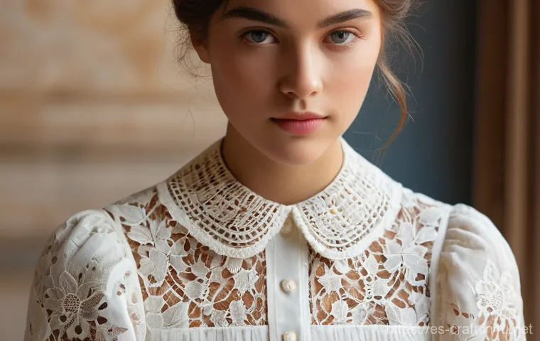 수공예 레이스 디자인 - **Lace Heritage and Contemporary Elegance:** A close-up portrait of a thoughtful young woman, dresse...