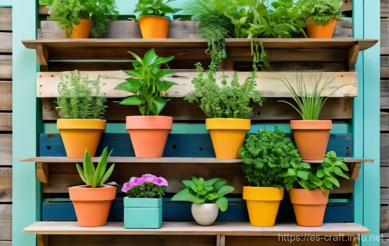 수공예 실내장식 만들기 - Prompt 1: A charming and colorful vertical garden made from hand-painted terracotta pots on a sun-dr...