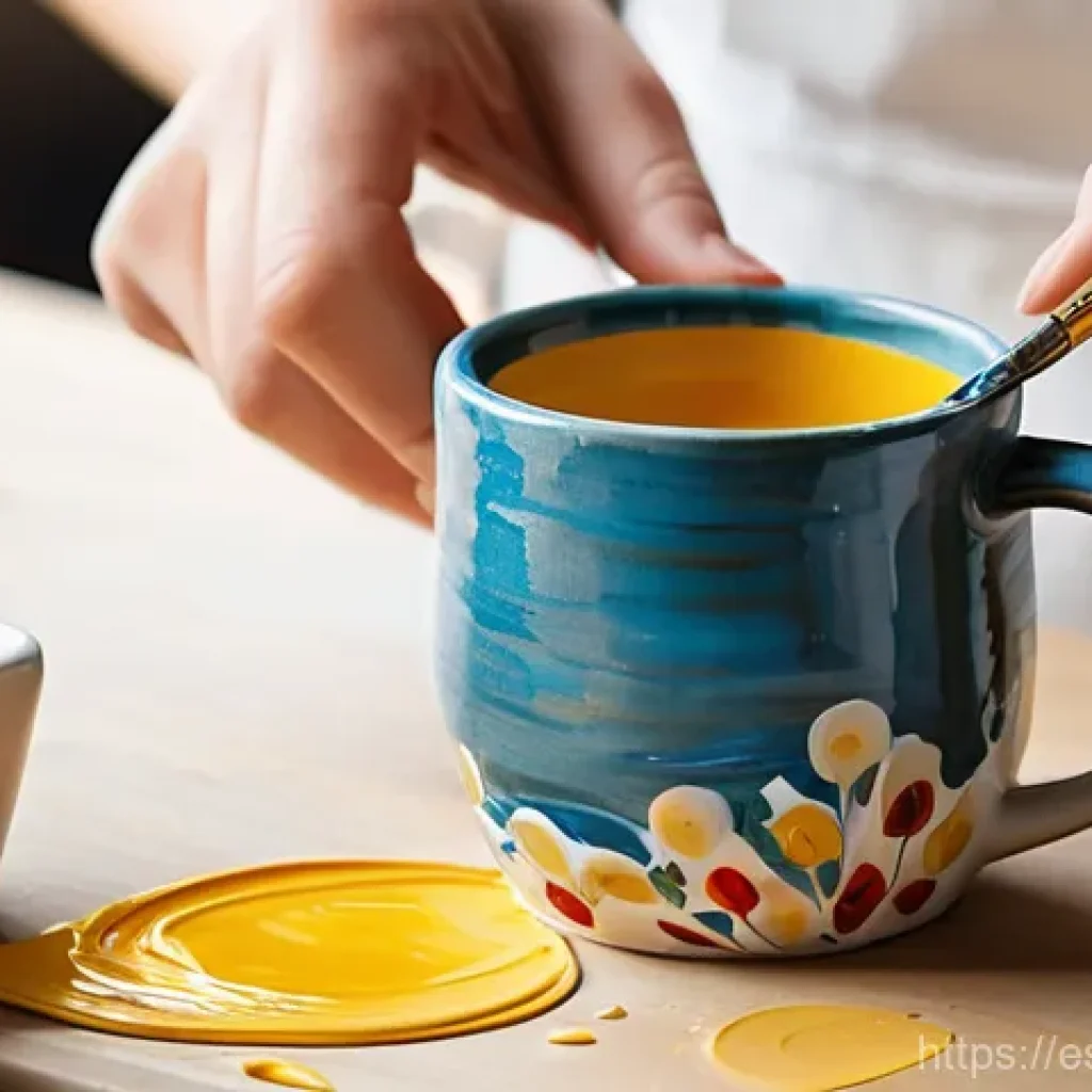 수공예 아크릴 공예 - **Prompt 1: Vibrant Ceramic Mug Painting**
    A close-up, brightly lit studio shot of an artist's h...