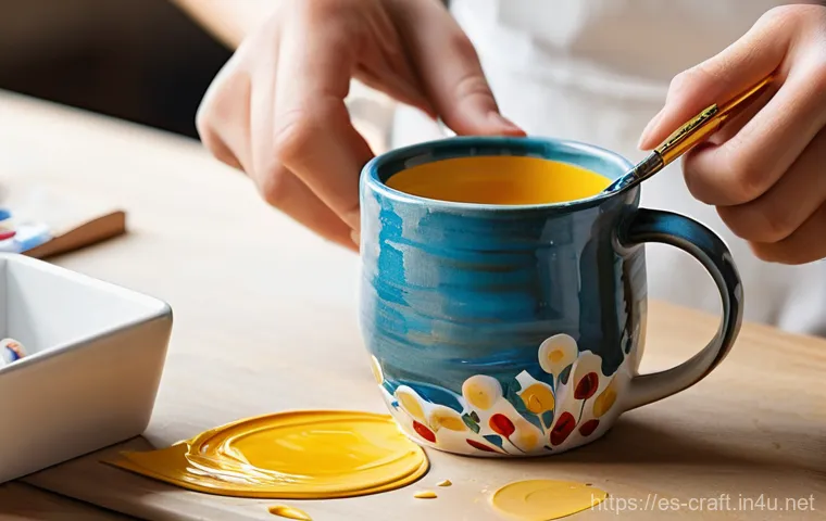 수공예 아크릴 공예 - **Prompt 1: Vibrant Ceramic Mug Painting**
    A close-up, brightly lit studio shot of an artist's h...