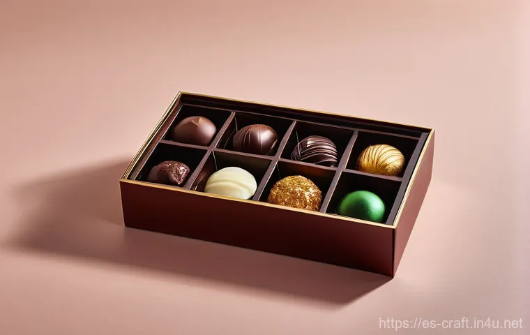 수공예 초콜릿 포장 - **Luxurious Artisanal Chocolate Box Opening:** A close-up, high-angle shot of elegant, diverse hands...