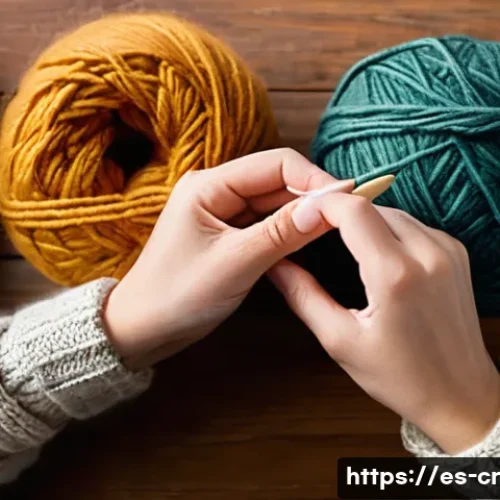 수공예 대바늘 뜨기 - A cozy knitting scene featuring a person working with large wooden knitting needles (10-12 mm) and b...