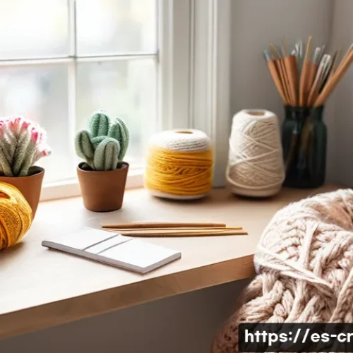 수공예 크로셰 인형 - A cozy, well-lit crafting corner featuring a variety of crochet materials: medium-thickness organic ...