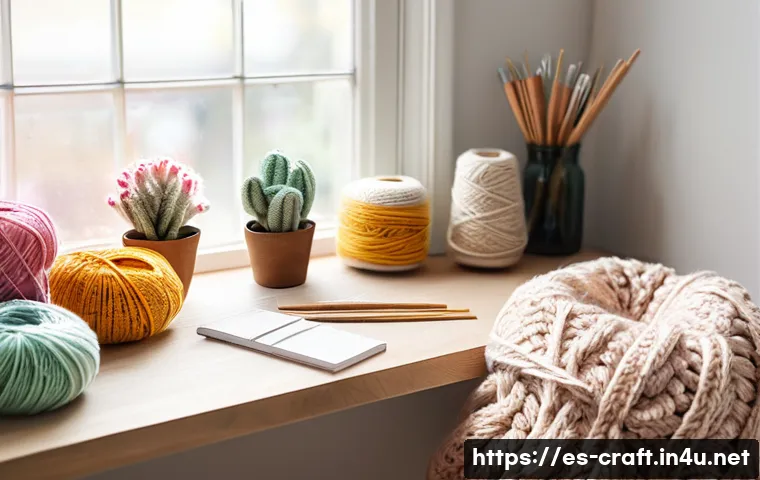 수공예 크로셰 인형 - A cozy, well-lit crafting corner featuring a variety of crochet materials: medium-thickness organic ...