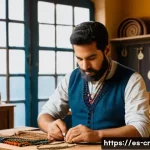 수공예 핸드메이드 액세서리 - A warm, inviting artisan workshop scene in a vibrant Spanish town, showing a skilled craftsman metic...