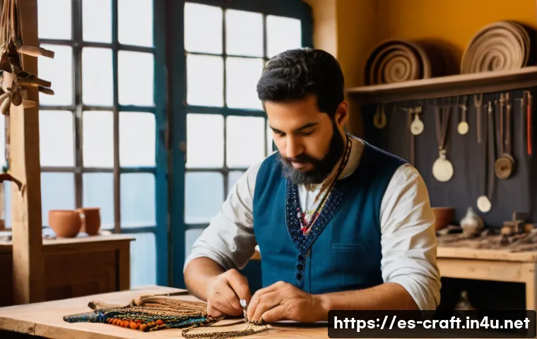수공예 핸드메이드 액세서리 - A warm, inviting artisan workshop scene in a vibrant Spanish town, showing a skilled craftsman metic...