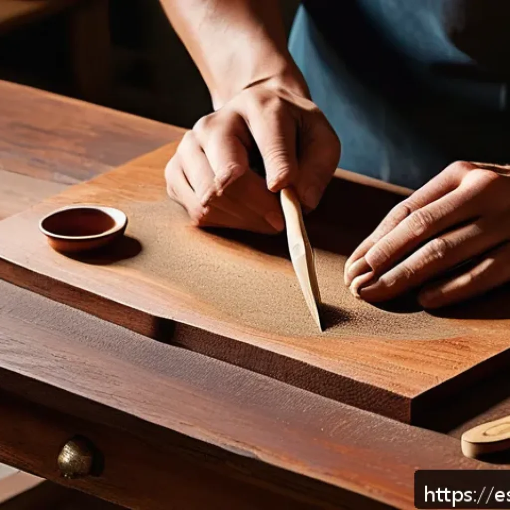 수공예 칠기 공예 - A close-up scene of an artisan’s workshop in a warm, softly lit space filled with natural light, sho...