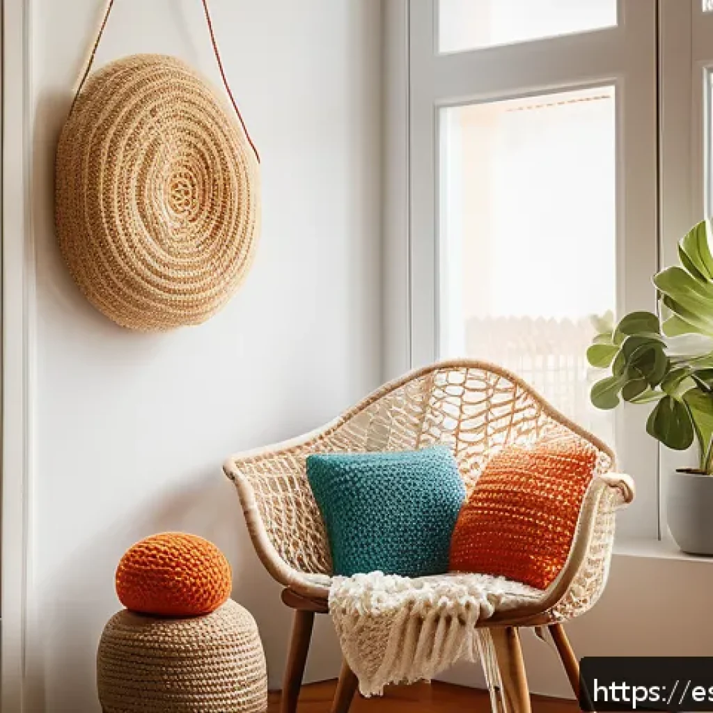 수공예 크로셰 - A cozy, sunlit crochet corner in a modern Spanish apartment, featuring a comfortable armchair with s...