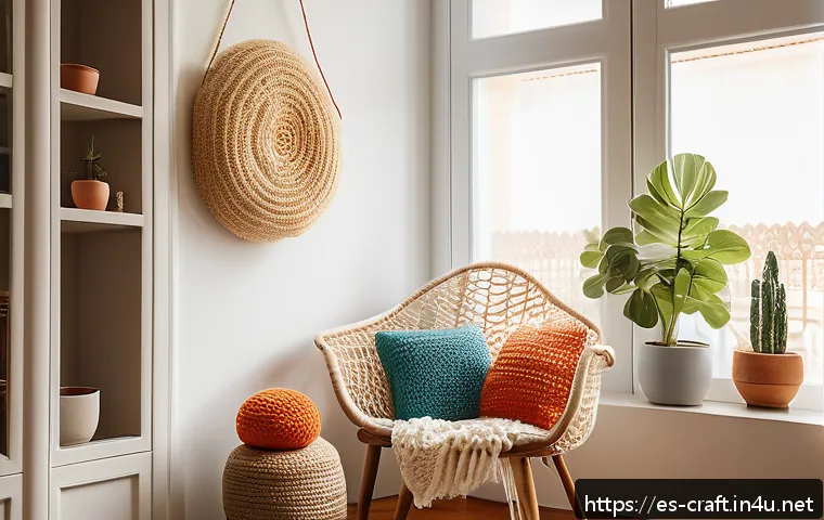 수공예 크로셰 - A cozy, sunlit crochet corner in a modern Spanish apartment, featuring a comfortable armchair with s...