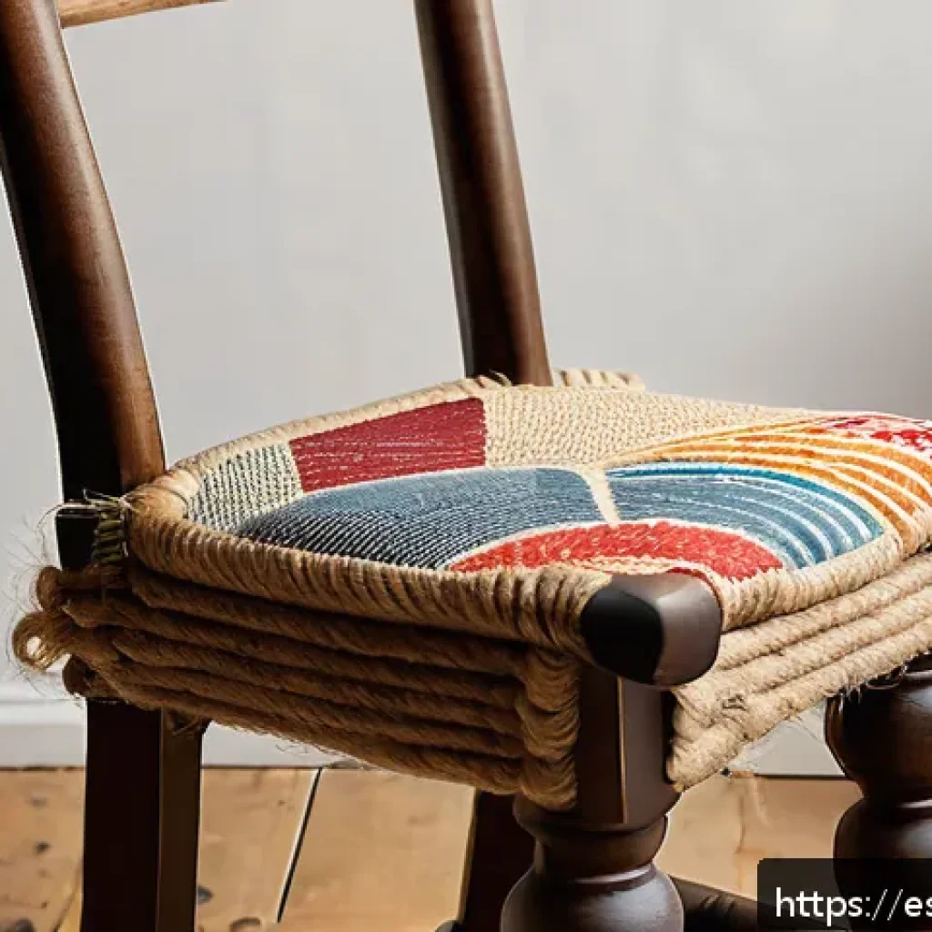 수공예 중고품 활용 - A rustic vintage wooden chair with thick jute rope wrapped intricately around its legs and backrest,...