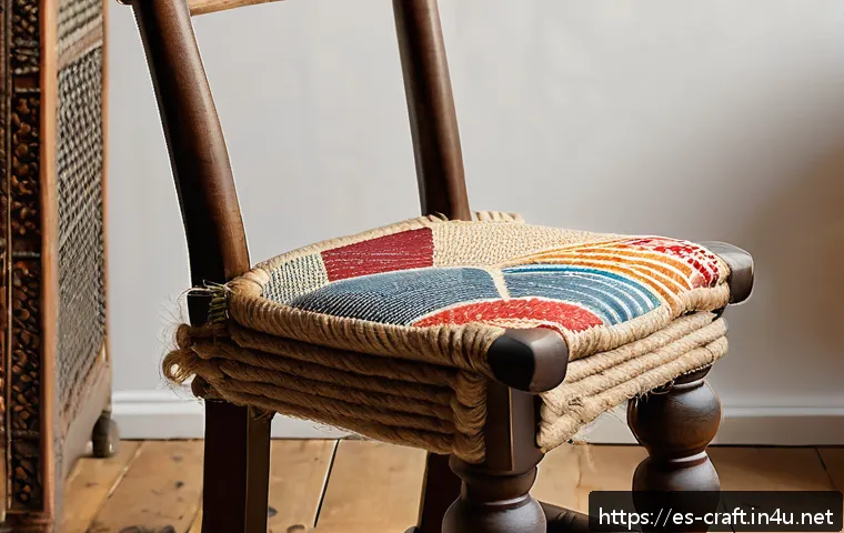 수공예 중고품 활용 - A rustic vintage wooden chair with thick jute rope wrapped intricately around its legs and backrest,...