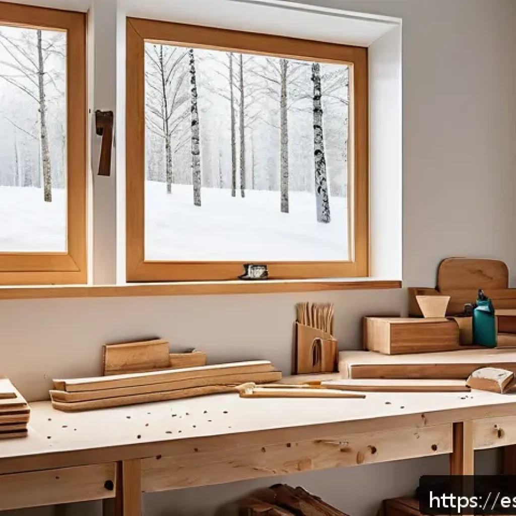 수공예 나무 공예 - A cozy, well-organized woodworking workshop in a modern Spanish home, featuring natural pine and bir...
