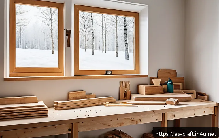 수공예 나무 공예 - A cozy, well-organized woodworking workshop in a modern Spanish home, featuring natural pine and bir...