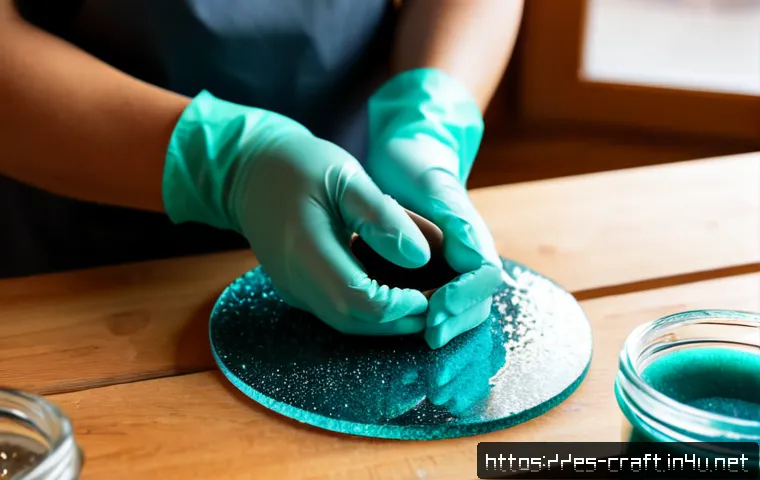 Home 13 수공예 글리터 공예 - Photorealistic close-up of a Spanish-speaking artisan’s hands creating a glitter resin coaster on a ...